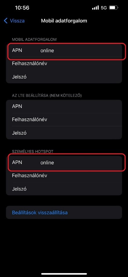 Mobil adatforgalom alatt lévő APN sorba írjuk be online.