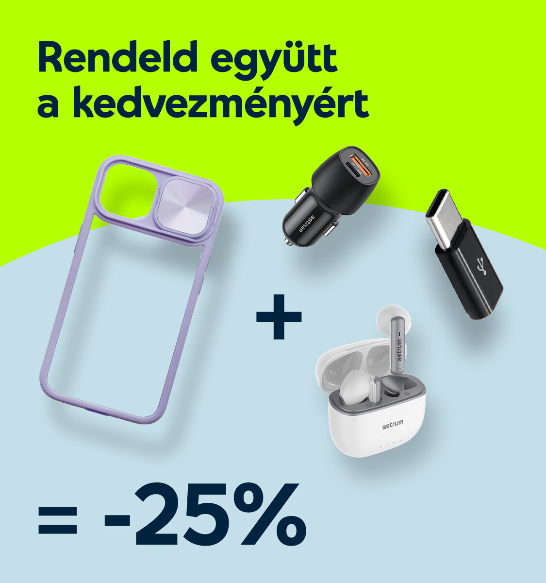 A képen 4 darab tartozék, és egy matekpélda látható az alábbi üzenetet sugallva: Rendelj 3 tartozékot 15% vagy 4 tartozékot 25% kedvezménnyel!