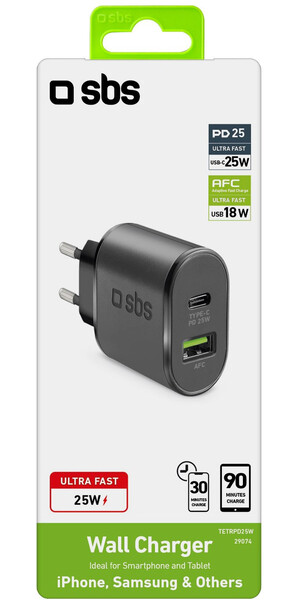 SBS Wall charger, 25W, USB-A + USB-C WoC